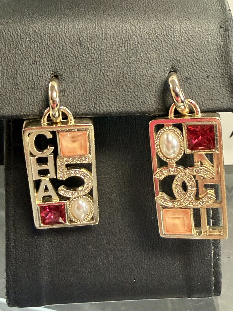 Chanel 23B Dangle Logo Multi colored Gem Stone Earring