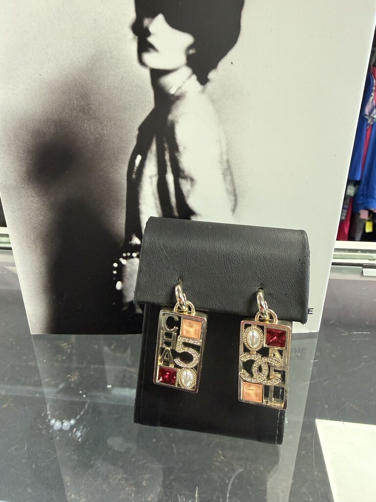 Chanel 23B Dangle Logo Multi colored Gem Stone Earring