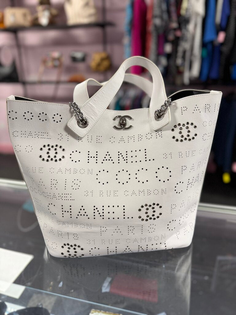 Chanel Beige Calfskin CC Eyelets Shopping Tote