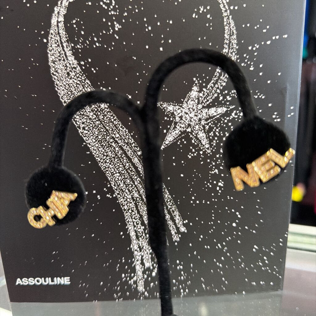 Chanel Logo Cha Nel Earrings Gold Crystal