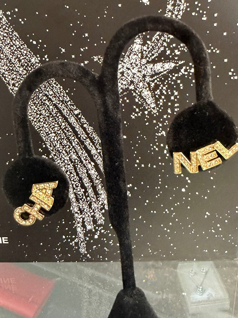 Chanel Logo Cha Nel Earrings Gold Crystal