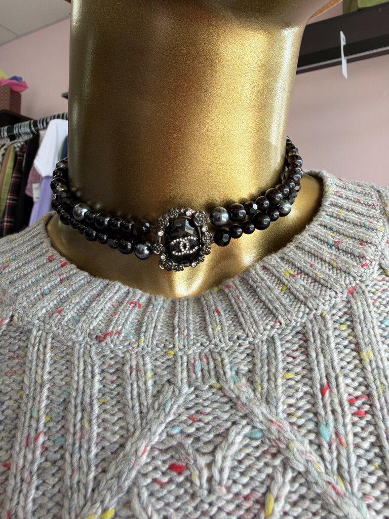 Chanel Heart Coco Mark Rhinestone Choker Necklace 14'