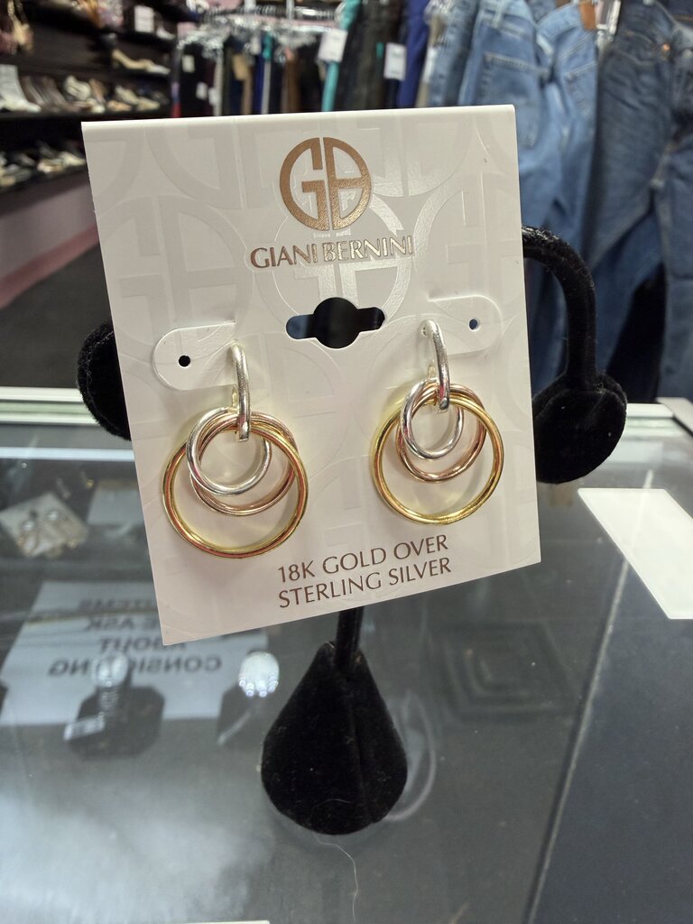 Giani Bernini18KT Gold over Sterling Silver Tri Tone Interlocking Circle Drop Earrings