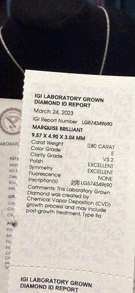 Lab Grown Diamond Pendent Marquise .80 CTW, Color: E, Clarity: VS2, Metal: 14K White Gold, Chain: 10K White Gold Necklace