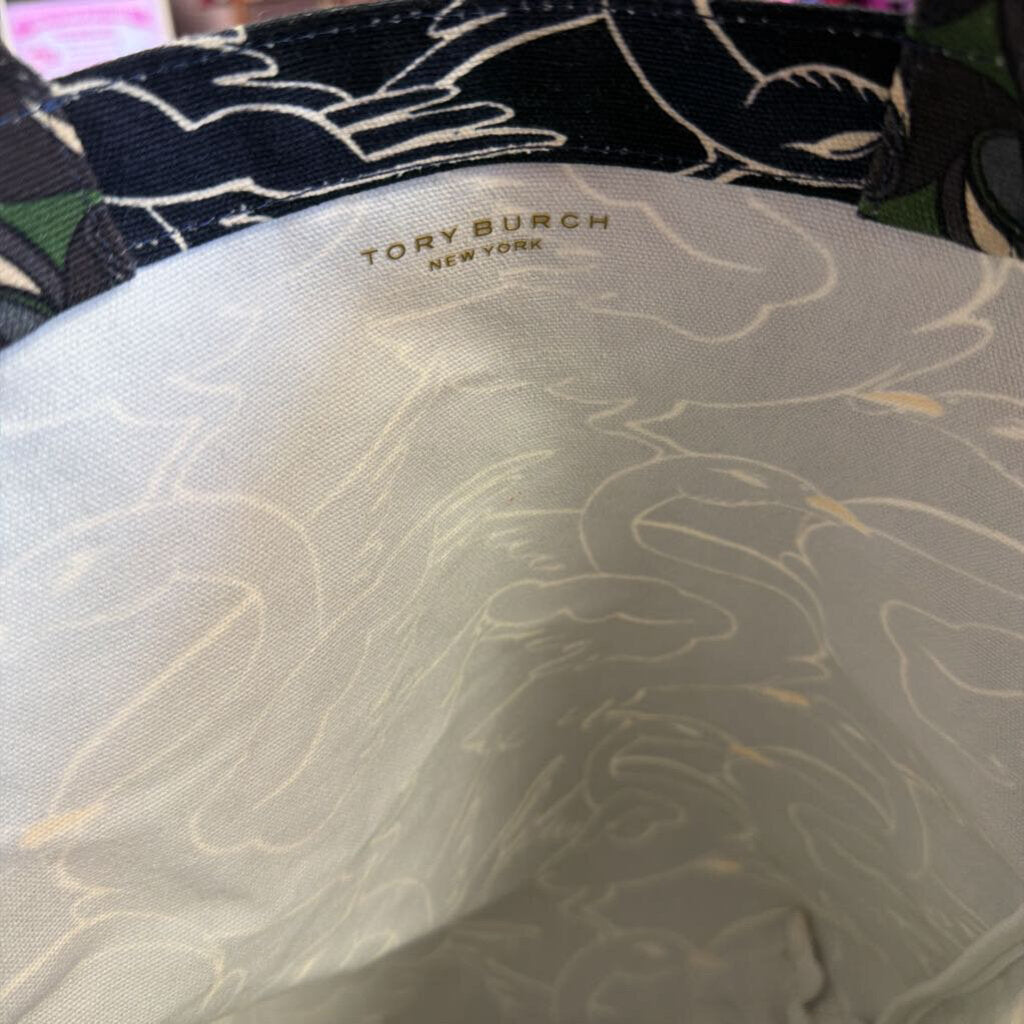 Tory Burch Swan Curly Ribbon Geometric Abstract New York Canvas Tote Bag