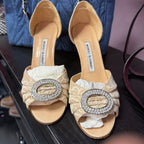 Manolo Blahnik Sedaraby Beige Lace Nude Silver Jeweled Shoes Size 37.5