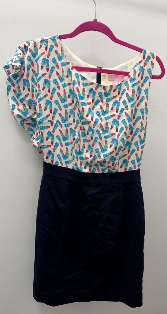 4 Lilly Pulitzer Delila Pencil Dress Silk Lipstick Print Navy Preppy Brunch