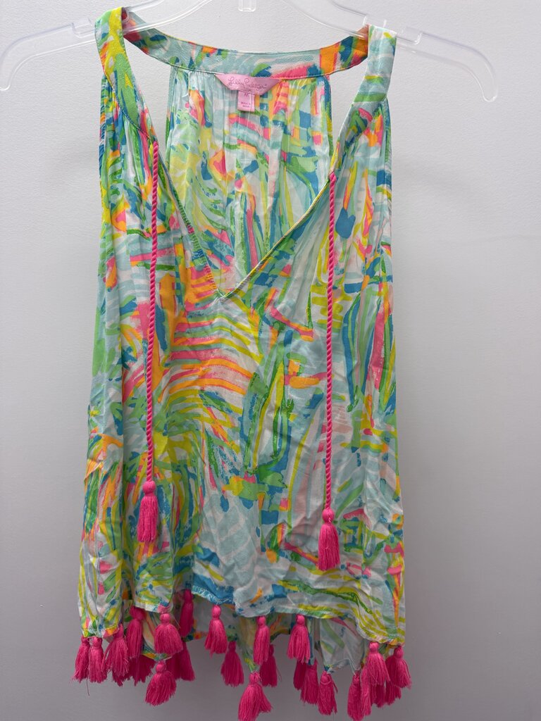MD Lilly Pulitzer Roxi Crop Tank Colorful Beach Top Pink Tassel Medium Resort wear