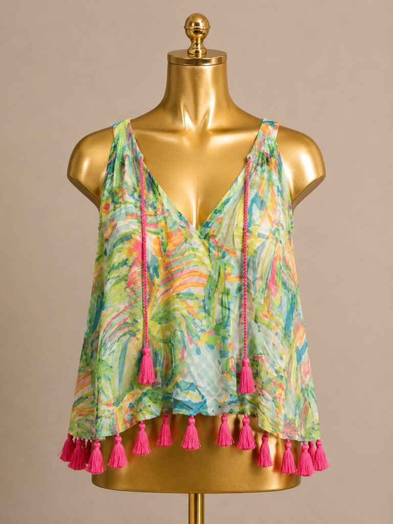 MD Lilly Pulitzer Roxi Crop Tank Colorful Beach Top Pink Tassel Medium Resort wear