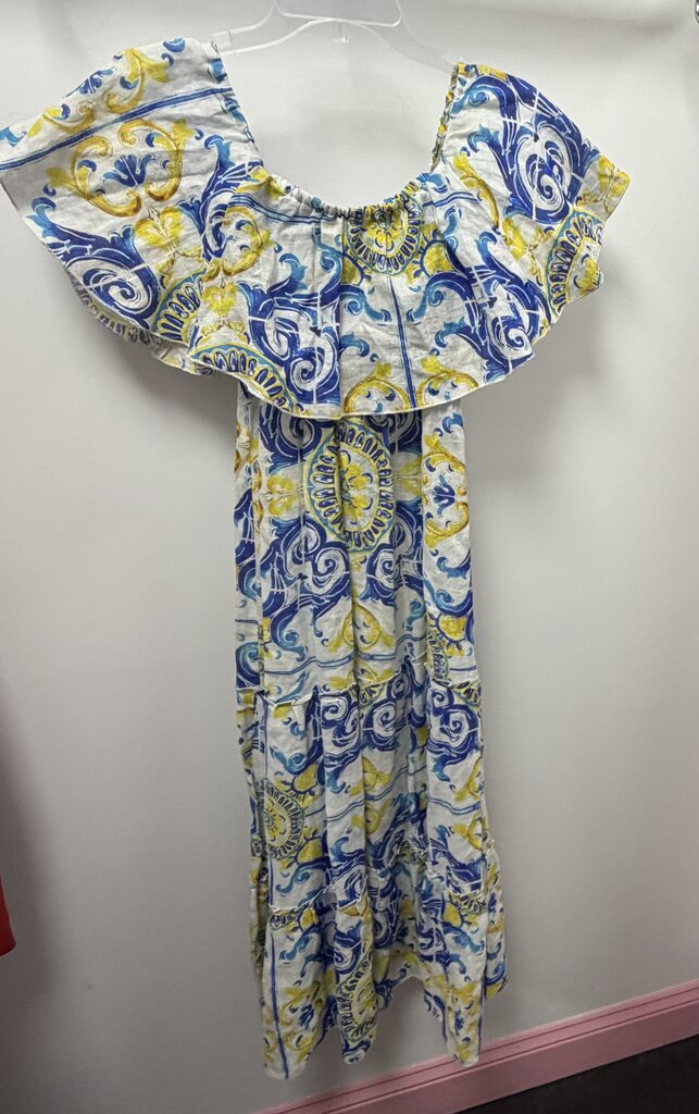 SM Off The Shoulder Shirred Bodice 100% Linen Patterned Maxi Dress