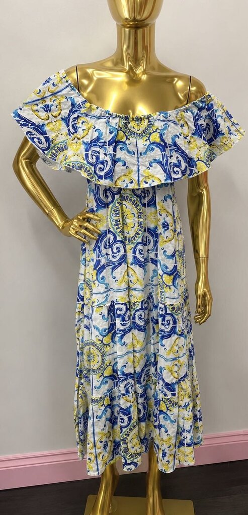 SM Off The Shoulder Shirred Bodice 100% Linen Patterned Maxi Dress