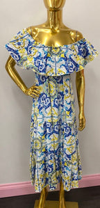 SM Off The Shoulder Shirred Bodice 100% Linen Patterned Maxi Dress