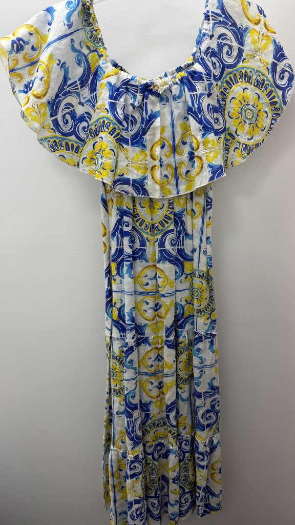 SM Off The Shoulder Shirred Bodice 100% Linen Patterned Maxi Dress