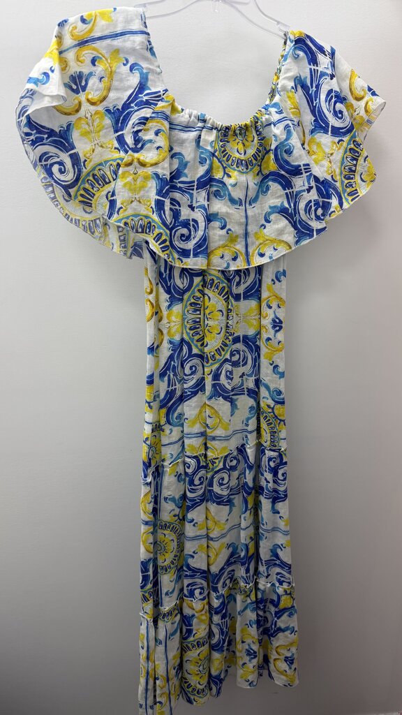 SM Off The Shoulder Shirred Bodice 100% Linen Patterned Maxi Dress