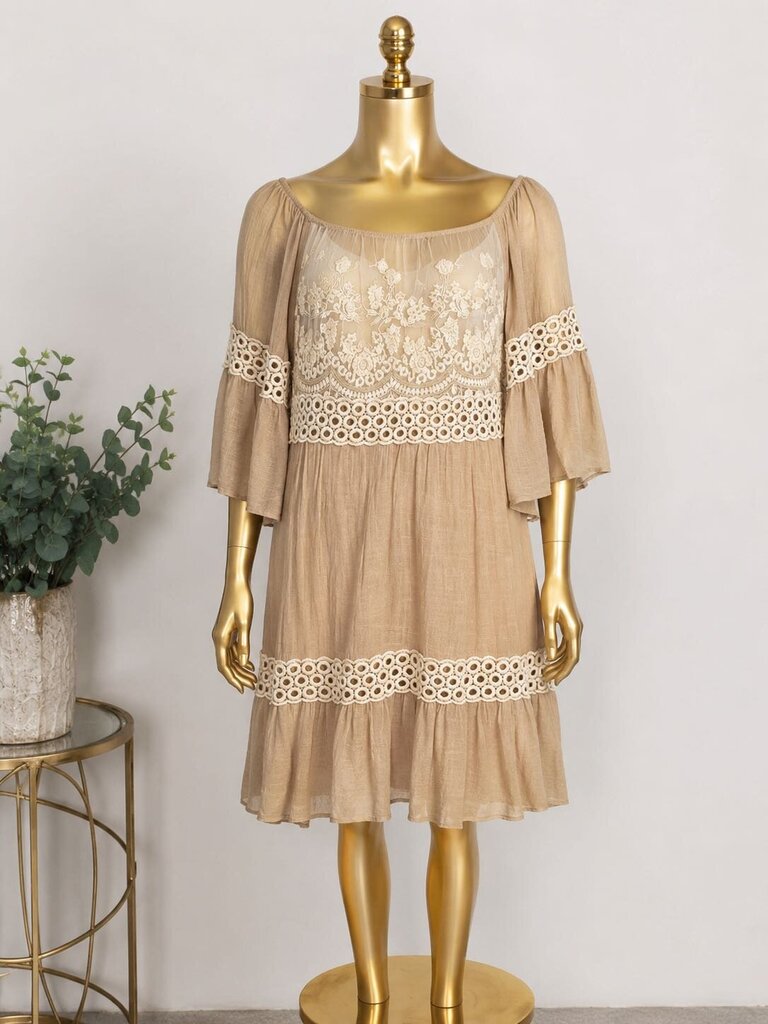 MD Christian Caliendo 3/4 Bell Embroidery Lace Crepe Dress
