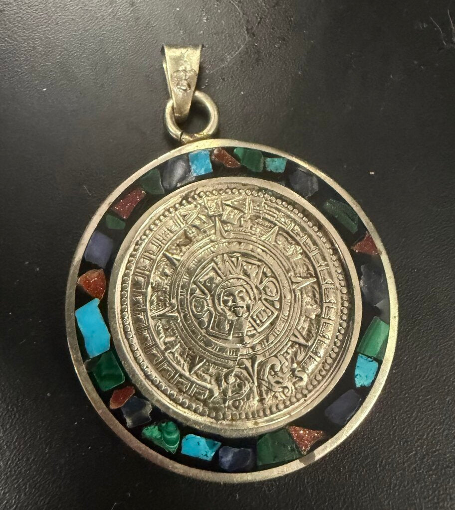 925 Mexican Silver Coin Medallion Inlaid Aztec Pedant