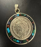925 Mexican Silver Coin Medallion Inlaid Aztec Pedant