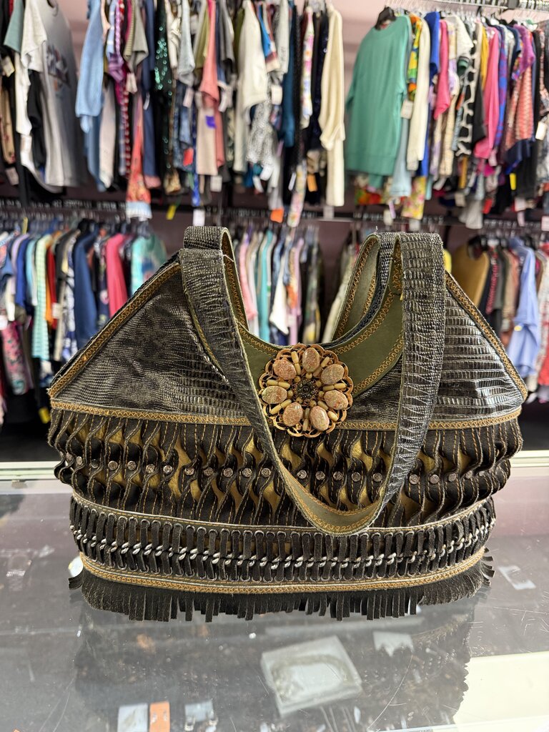 Mary Frances Shoulder Bag Purse Beaded Flower Motif Leather Handle
