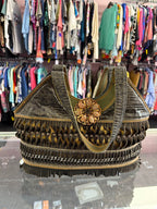 Mary Frances Shoulder Bag Purse Beaded Flower Motif Leather Handle