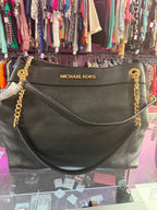 Michael Kors Purse Black Jet Set Large Pebbled Leather Gold Chain Shoulder Tote