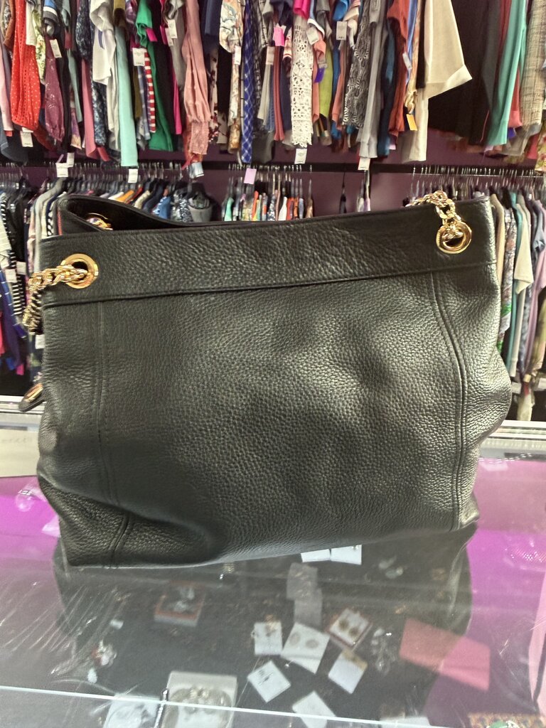 Michael Kors Purse Black Jet Set Large Pebbled Leather Gold Chain Shoulder Tote