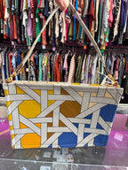 Tory Burch Ella Printed Canvas Top Handle Pouch Wristlet Blue Multi Basketweave
