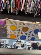 Tory Burch Ella Printed Canvas Top Handle Pouch Wristlet Blue Multi Basketweave