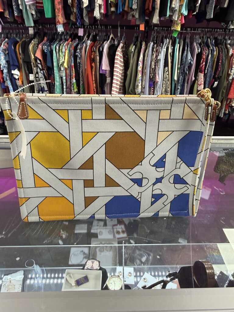 Tory Burch Ella Printed Canvas Top Handle Pouch Wristlet Blue Multi Basketweave