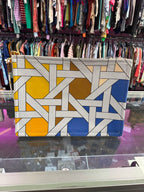 Tory Burch Ella Printed Canvas Top Handle Pouch Wristlet Blue Multi Basketweave