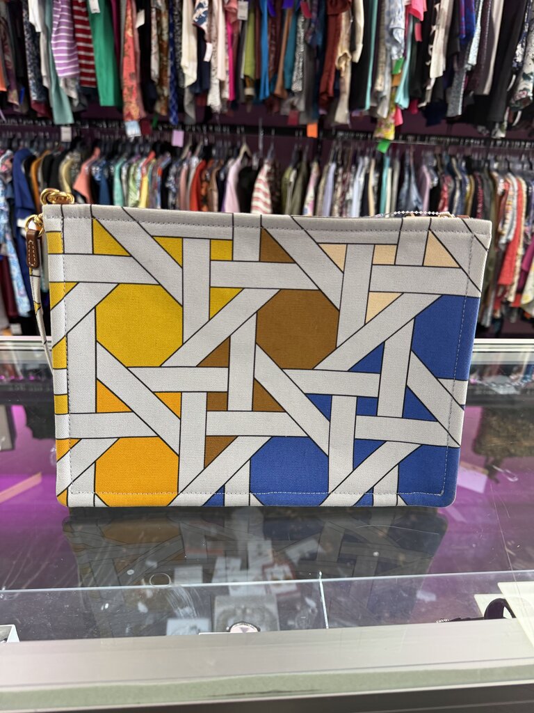 Tory Burch Ella Printed Canvas Top Handle Pouch Wristlet Blue Multi Basketweave