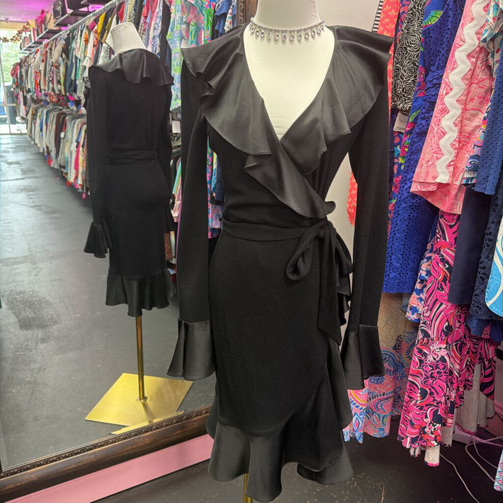 4 L/S Satin Ruffle Collar/Sleeve Detail Wrap Dress
