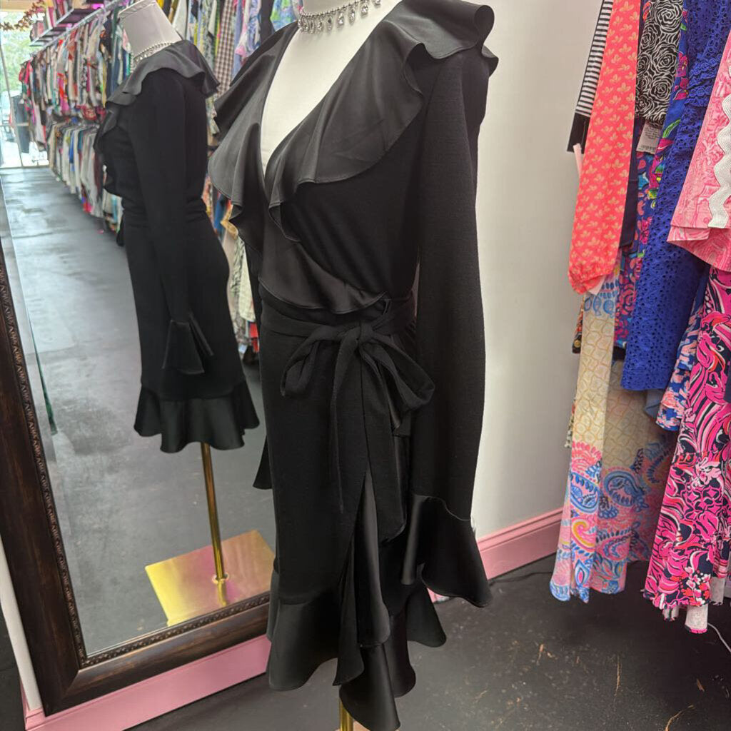 4 L/S Satin Ruffle Collar/Sleeve Detail Wrap Dress