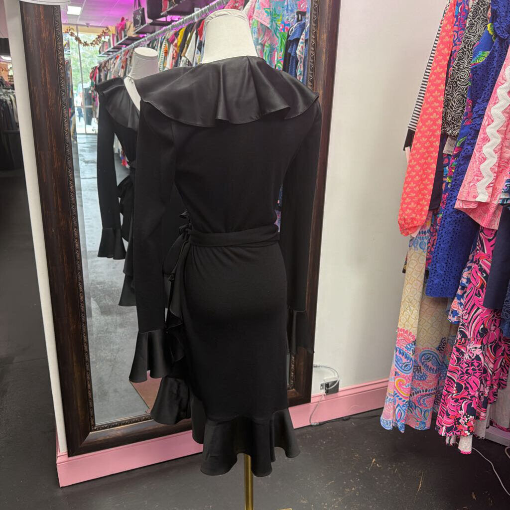 4 L/S Satin Ruffle Collar/Sleeve Detail Wrap Dress