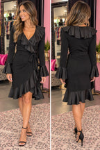 4 L/S Satin Ruffle Collar/Sleeve Detail Wrap Dress