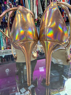 8.5 Guess Felecia Iridescent Ankle Strap Heeled Sandals Holograhic Finish Lucite Strap