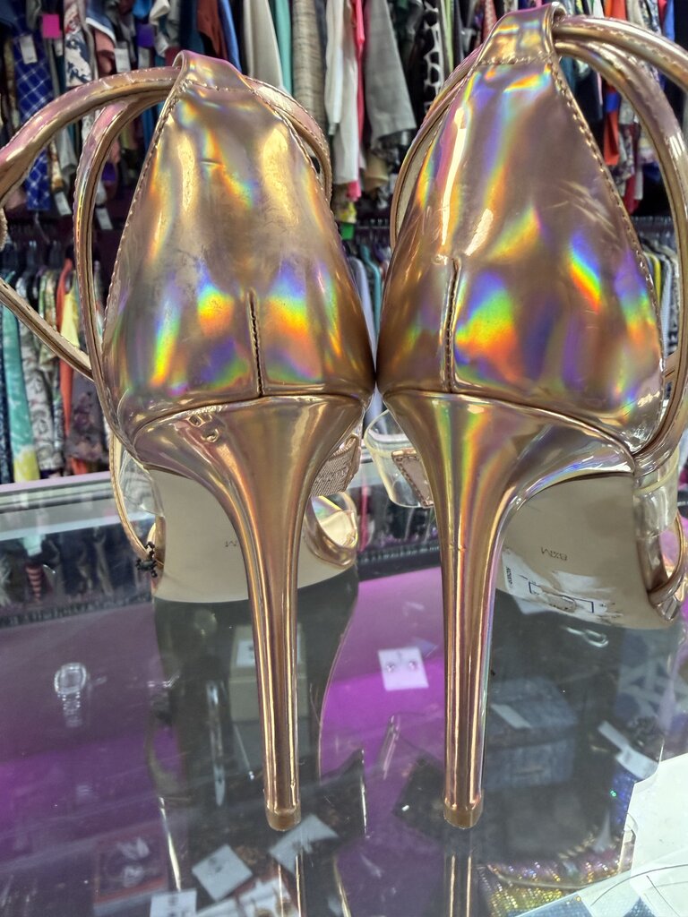 8.5 Guess Felecia Iridescent Ankle Strap Heeled Sandals Holograhic Finish Lucite Strap