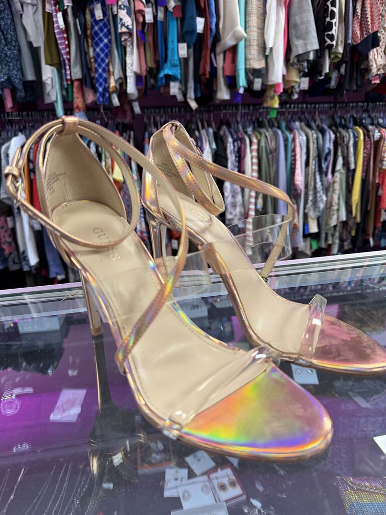 8.5 Guess Felecia Iridescent Ankle Strap Heeled Sandals Holograhic Finish Lucite Strap