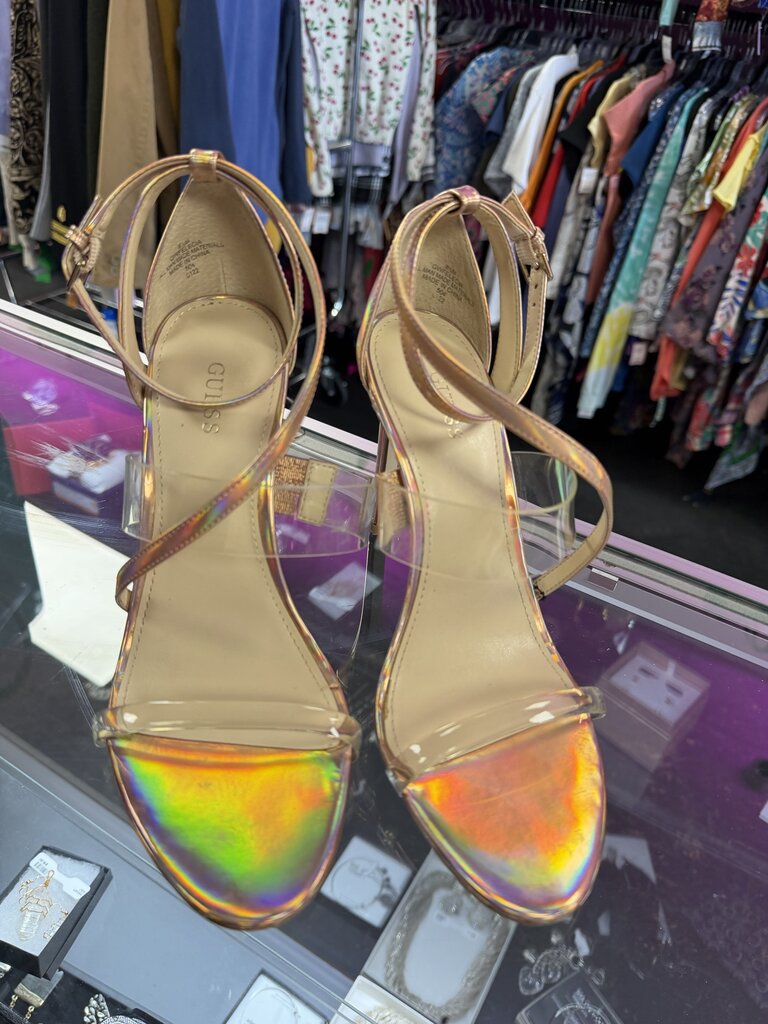 8.5 Guess Felecia Iridescent Ankle Strap Heeled Sandals Holograhic Finish Lucite Strap