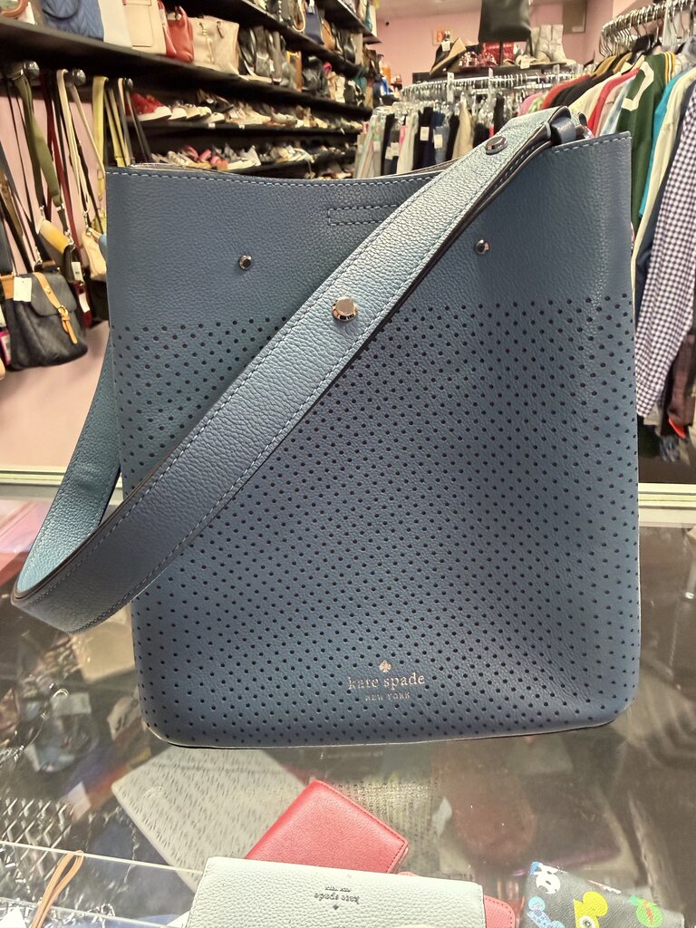 Kate Spade Marti Blue Leather Perforated Large Bucket Shoulder Bag