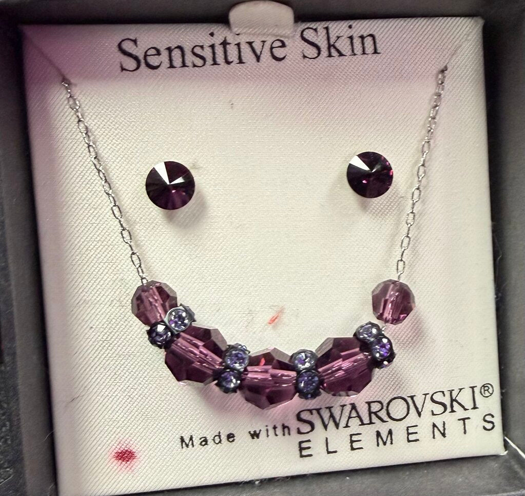 Swarovski Elements Purple Crystal 18" Necklace & Stud Earrings