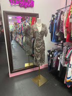 XS S/S Pleated Animal Print V Neck Sheer