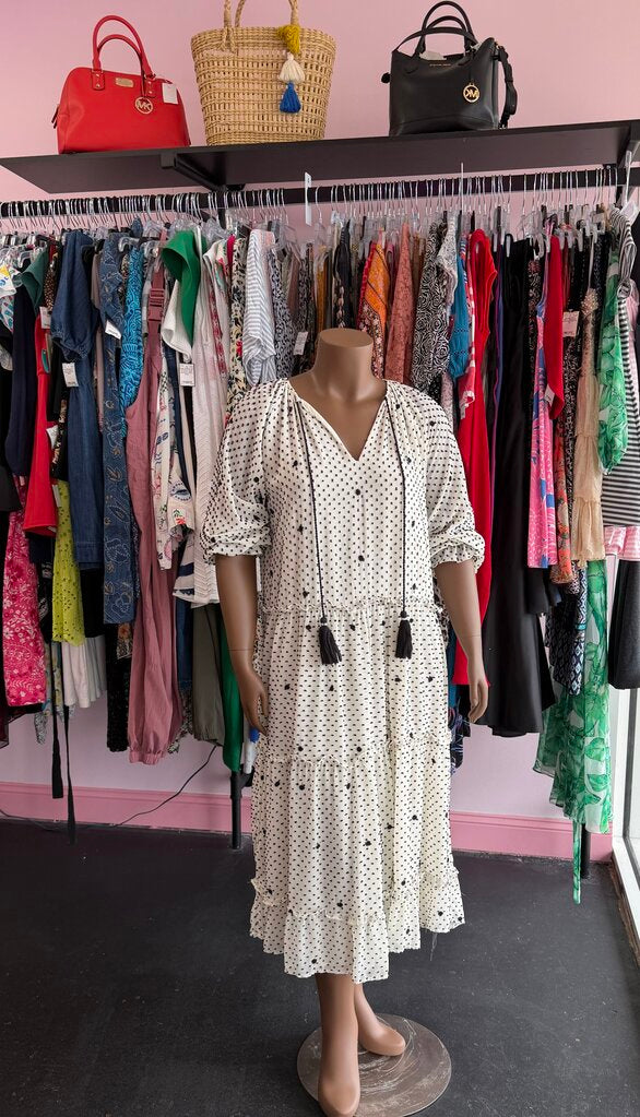 LG L/S Deep V DOTTED MESH OVERSIZED EMBROIDERED DRESS SWISS DOT TASSELS