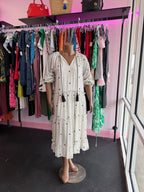 LG L/S Deep V DOTTED MESH OVERSIZED EMBROIDERED DRESS SWISS DOT TASSELS