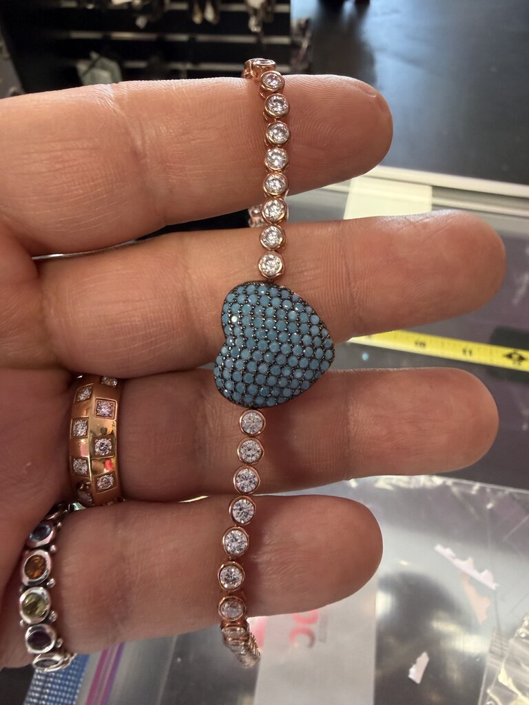 7.5' Turquoise Heart Diamonds Gem Overlay 925 Bracelet