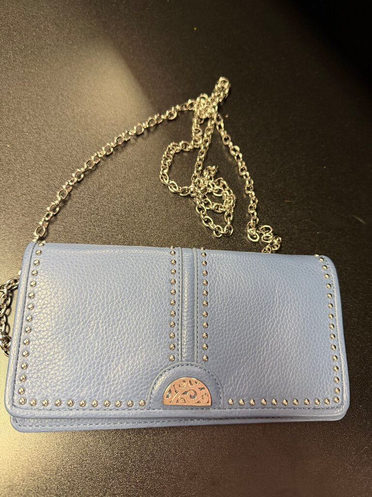 Brighton Pretty Tough Soft Leather Blue Studded Wallet ID CC Zip Coin Snap Plated Chain
