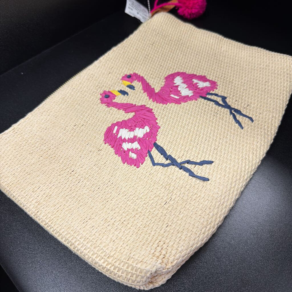 Old Navy Straw Flamingo Clutch Tassel