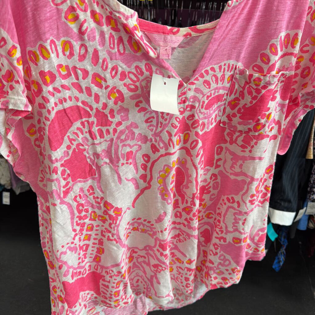 XL S/S V Neck Lilly Pulitzer T Shirt XS Duval Top Pink Boxy V-Neck SS Tee Tropical 100% Linen