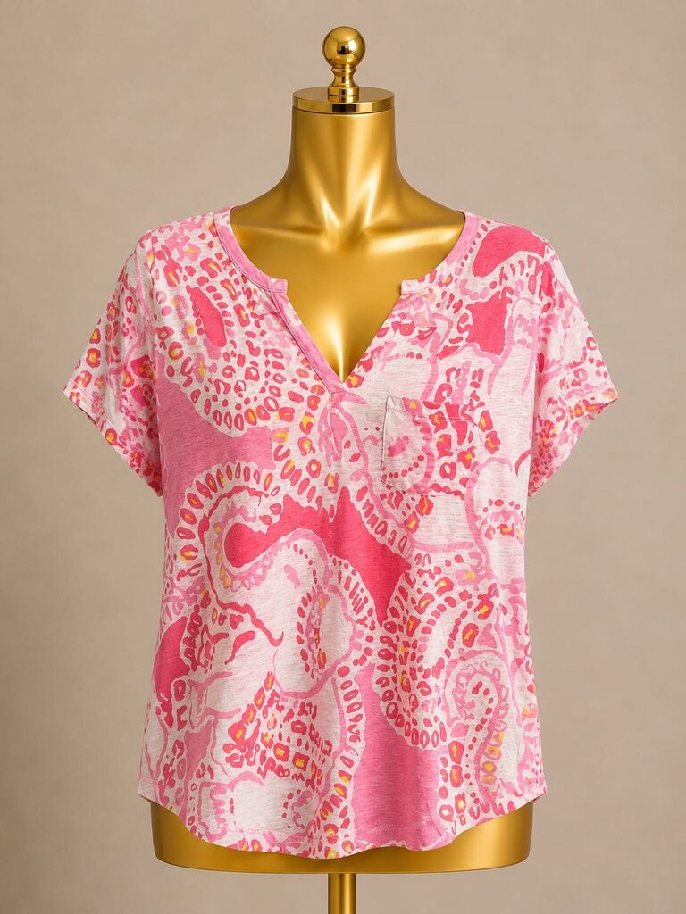 XL S/S V Neck Lilly Pulitzer T Shirt XS Duval Top Pink Boxy V-Neck SS Tee Tropical 100% Linen