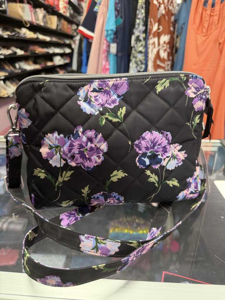 Vera Bradley NWT Floating Plum Pansies RFID Triple Compartment Crossbody Bag