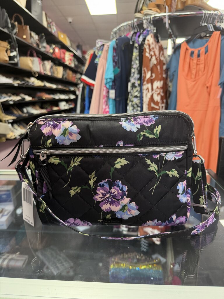 Vera Bradley NWT Floating Plum Pansies RFID Triple Compartment Crossbody Bag